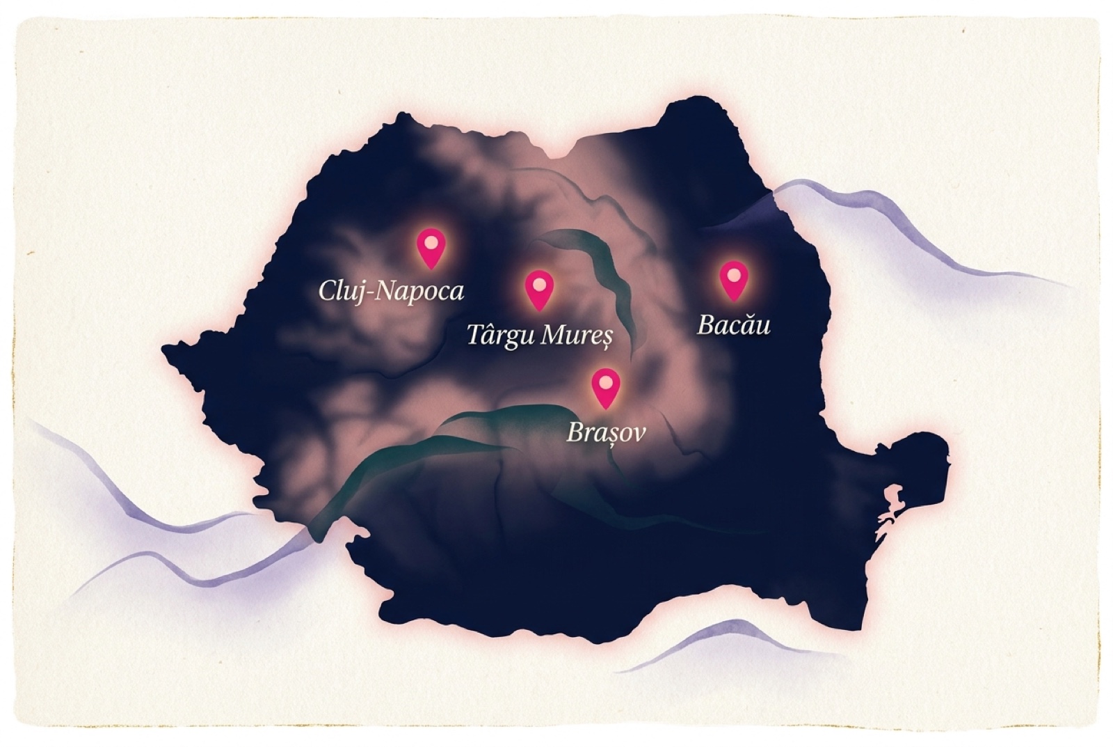 Harta României cu cele 4 locații OnixStudio - Târgu Mureș, Cluj-Napoca, Brașov, Bacău